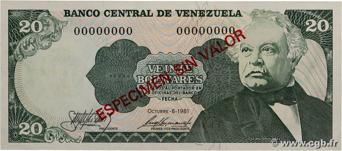 20 Bolivares Spécimen VENEZUELA  1981 P.063s UNC-