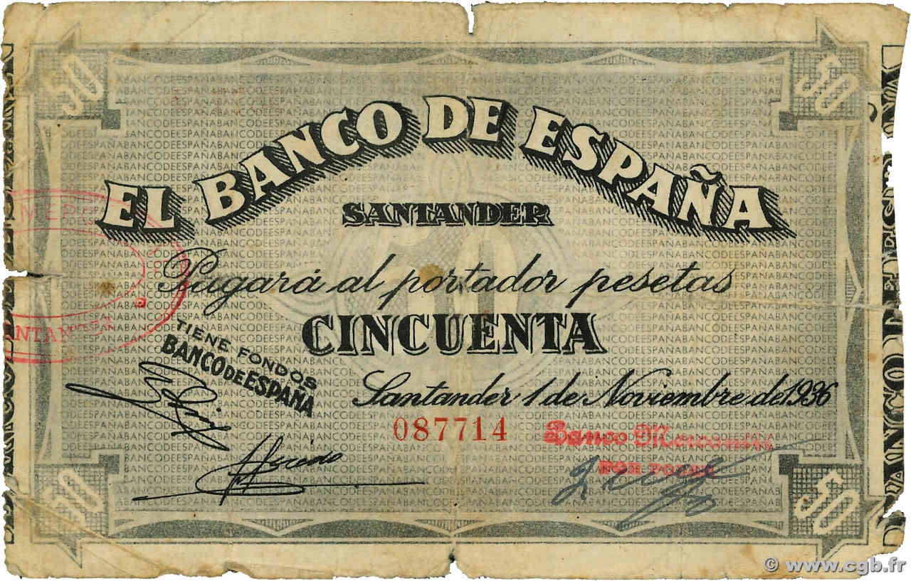 50 Pesetas SPAGNA Santander 1936 PS.584e q.MB