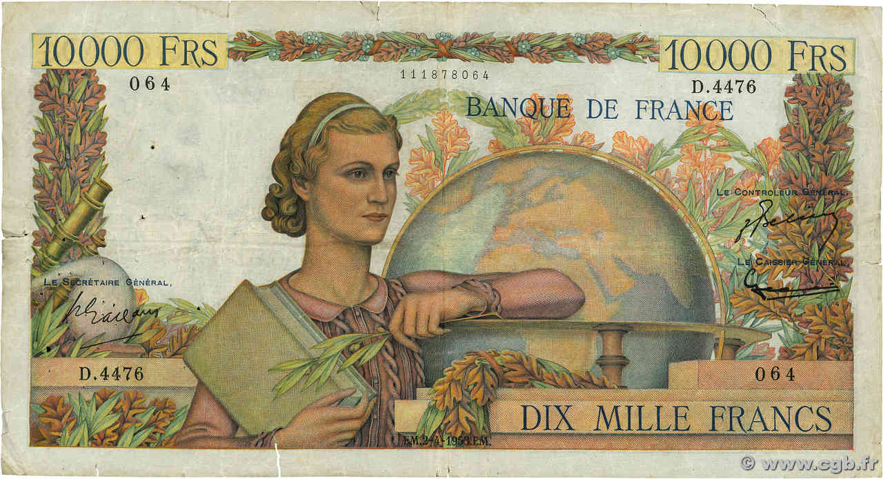 10000 Francs GÉNIE FRANÇAIS FRANKREICH  1953 F.50.64 S