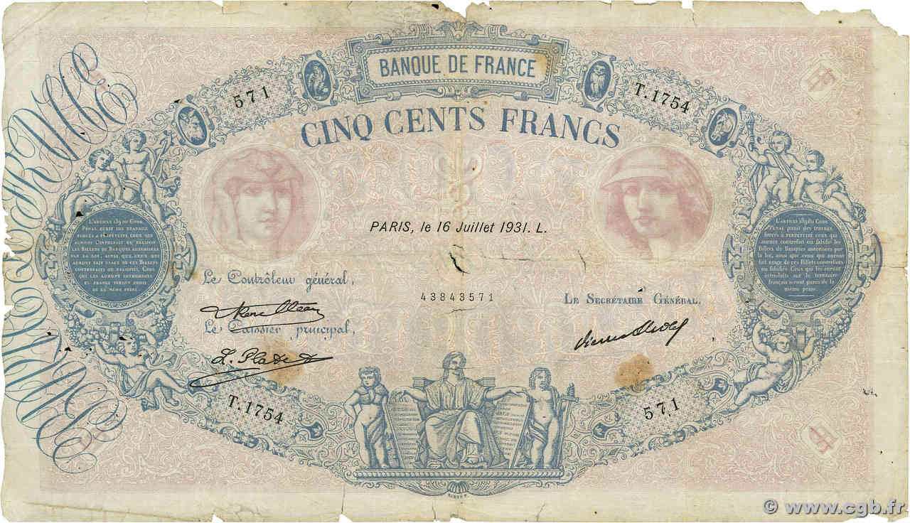 500 Francs BLEU ET ROSE FRANCE  1931 F.30.34 B