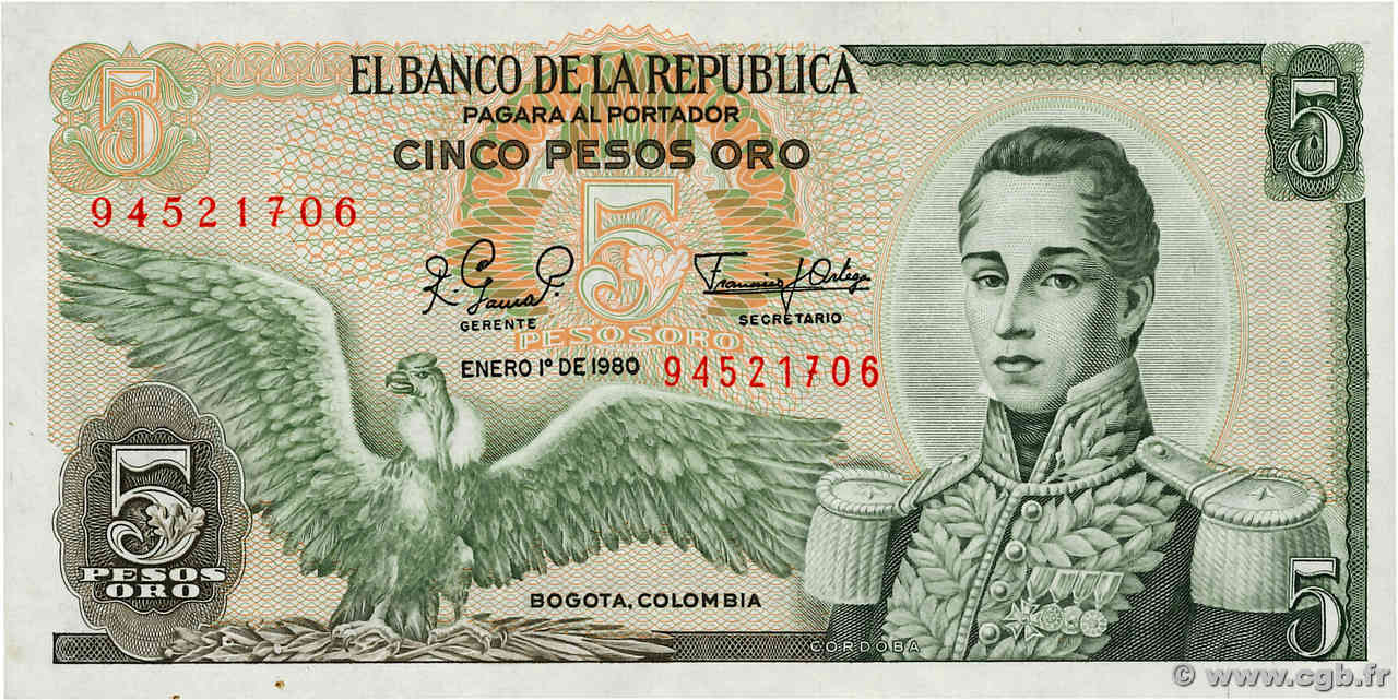 5 Pesos Oro COLOMBIA  1980 P.406f UNC-