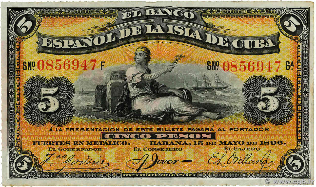 5 Pesos CUBA  1896 P.048b TTB