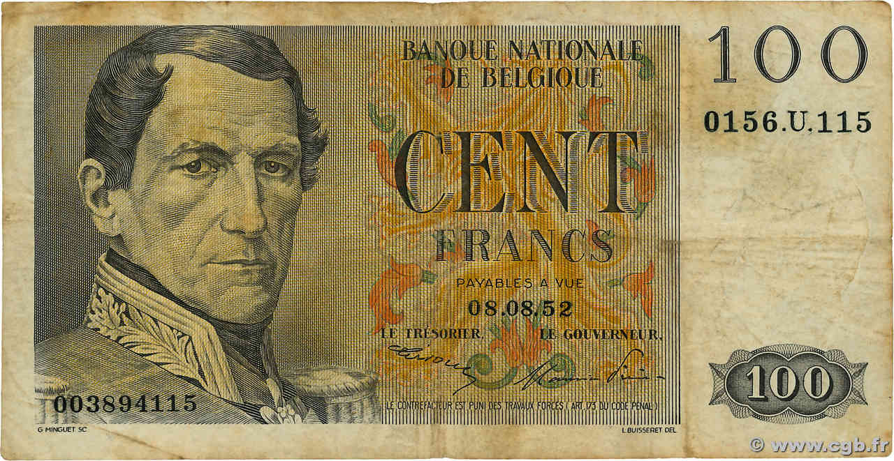 100 Francs BELGIUM  1952 P.129a F
