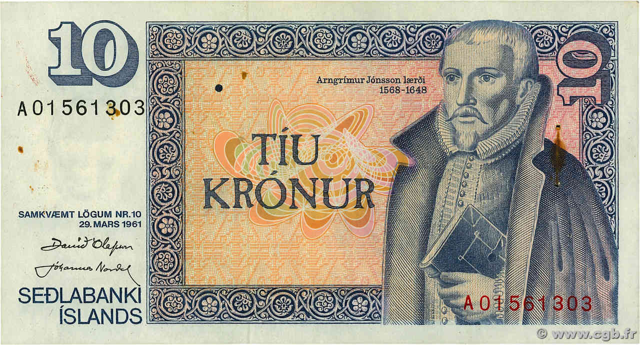 10 Kronur ISLANDA  1961 P.48a q.SPL