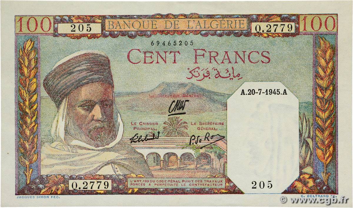 100 Francs ALGERIA  1945 P.085 XF+