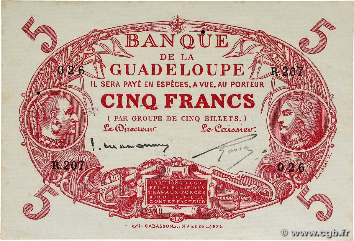 5 Francs Cabasson rouge GUADELOUPE  1943 P.07c SUP+