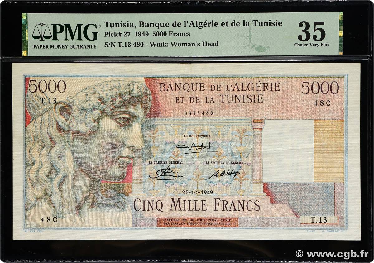 5000 Francs TUNESIEN  1949 P.27 fVZ