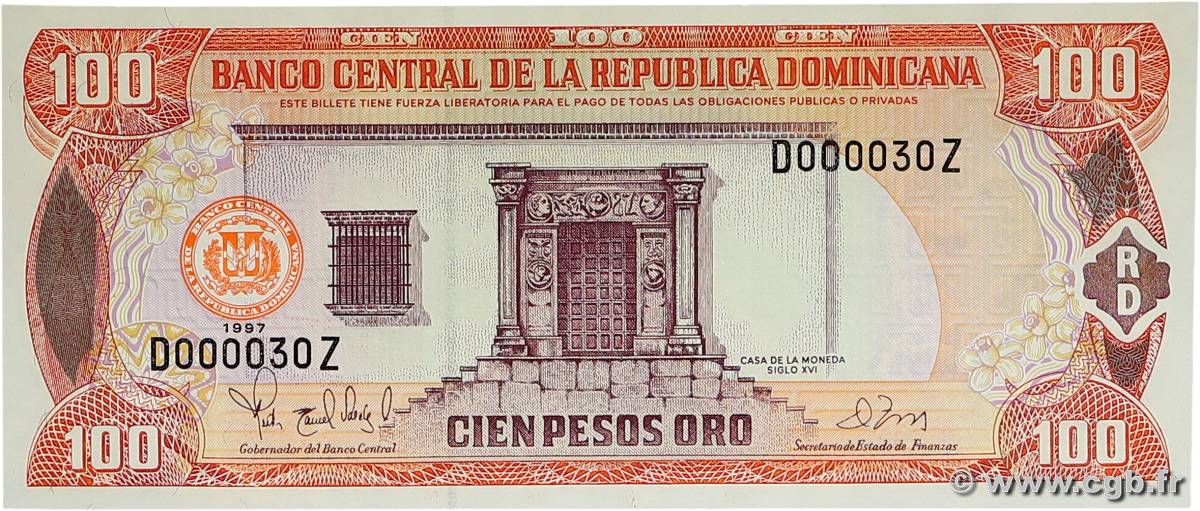 100 Pesos Oro Petit numéro RÉPUBLIQUE DOMINICAINE  1997 P.156a UNC