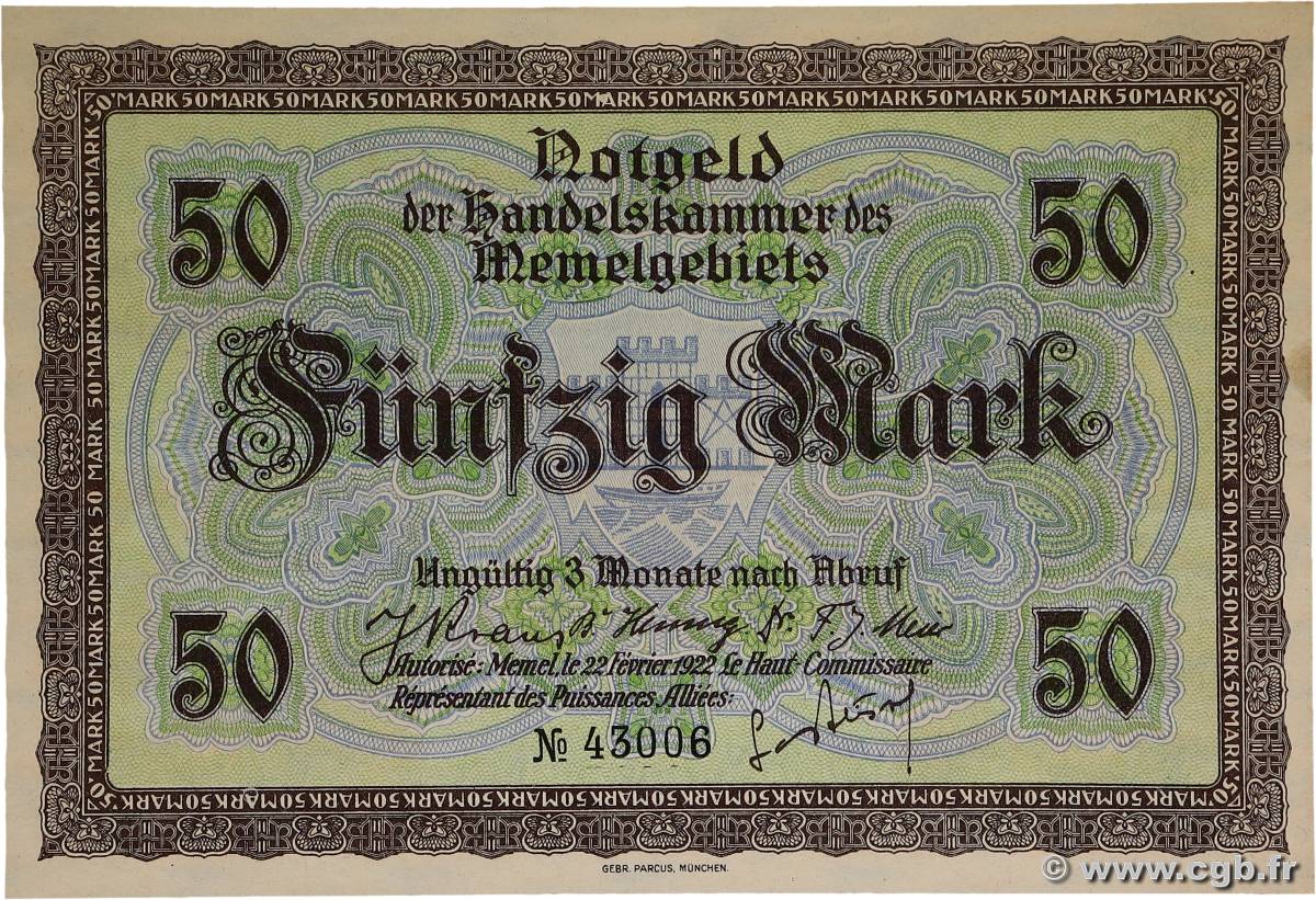 50 Mark MEMEL  1922 P.07a pr.NEUF