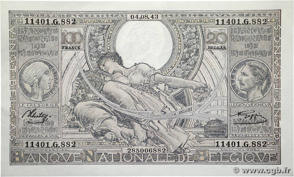 100 Francs - 20 Belgas BELGIO  1943 P.107 AU+