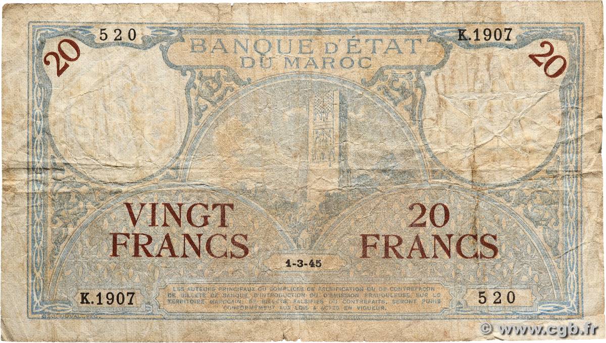 20 Francs MAROKKO  1945 P.18b SGE