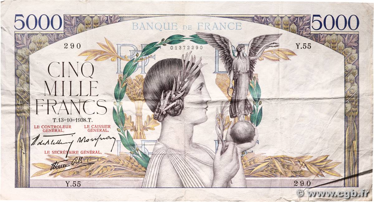 5000 Francs VICTOIRE modifié, taille douce FRANCE  1938 F.45.01 F