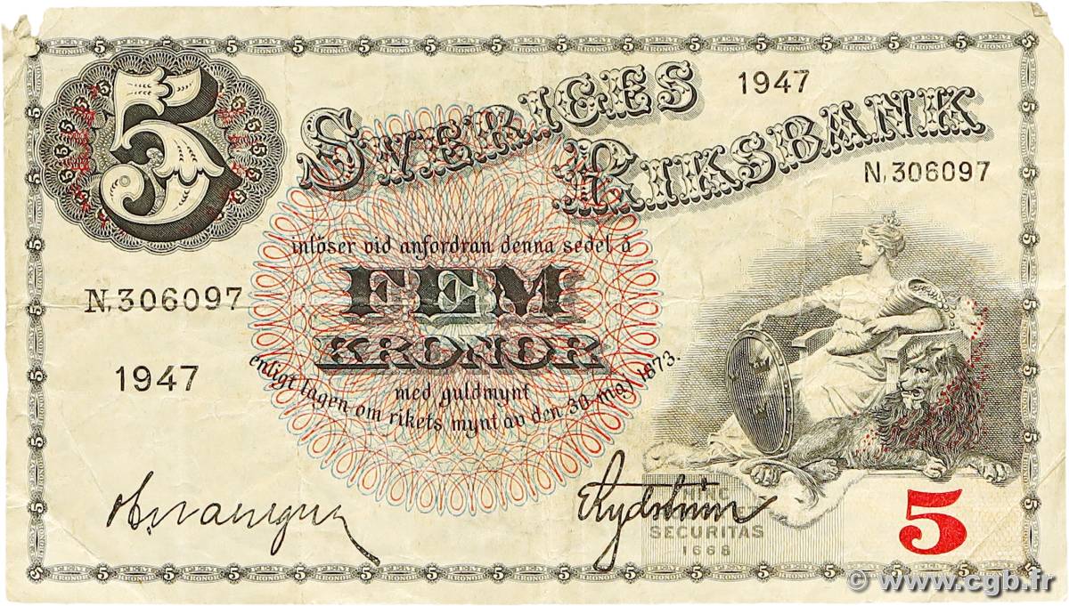 5 Kronor SUÈDE  1947 P.33ad q.MB