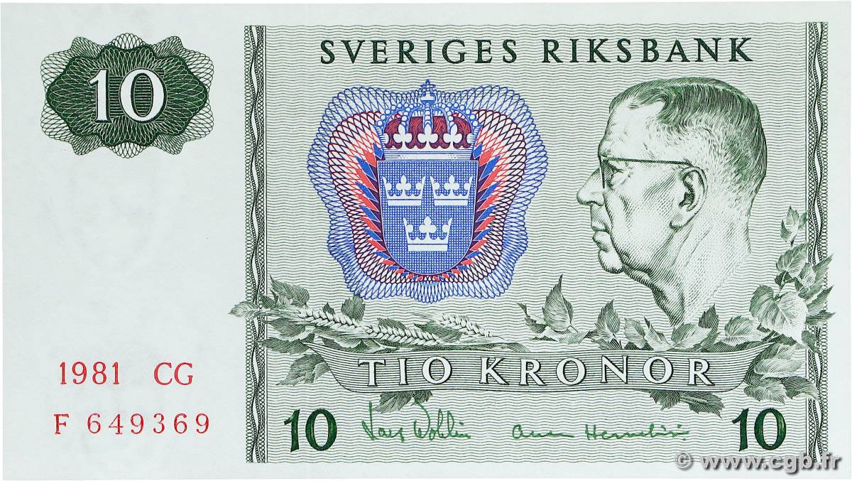 10 Kronor SWEDEN  1981 P.52e UNC