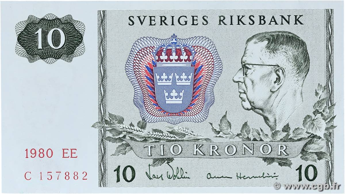 10 Kronor SWEDEN  1980 P.52e UNC-