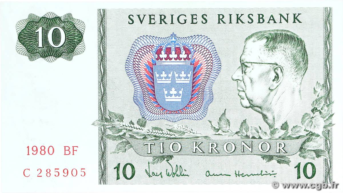 10 Kronor SWEDEN  1980 P.52e UNC