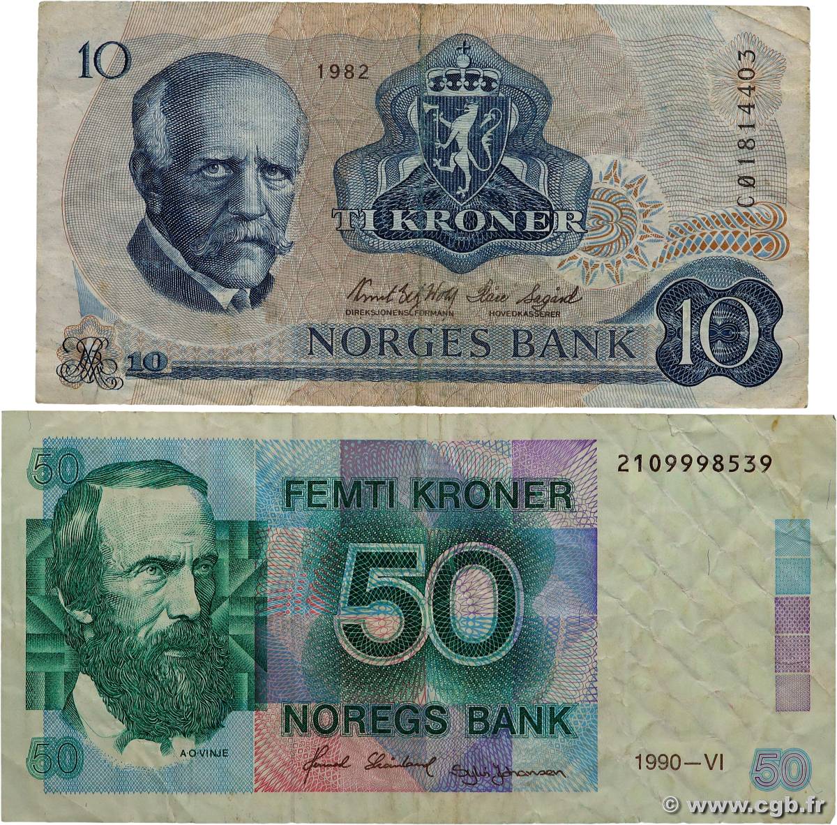 10 et 50 Kroner Lot NORVÈGE  1982 P.36c et P.42e TB