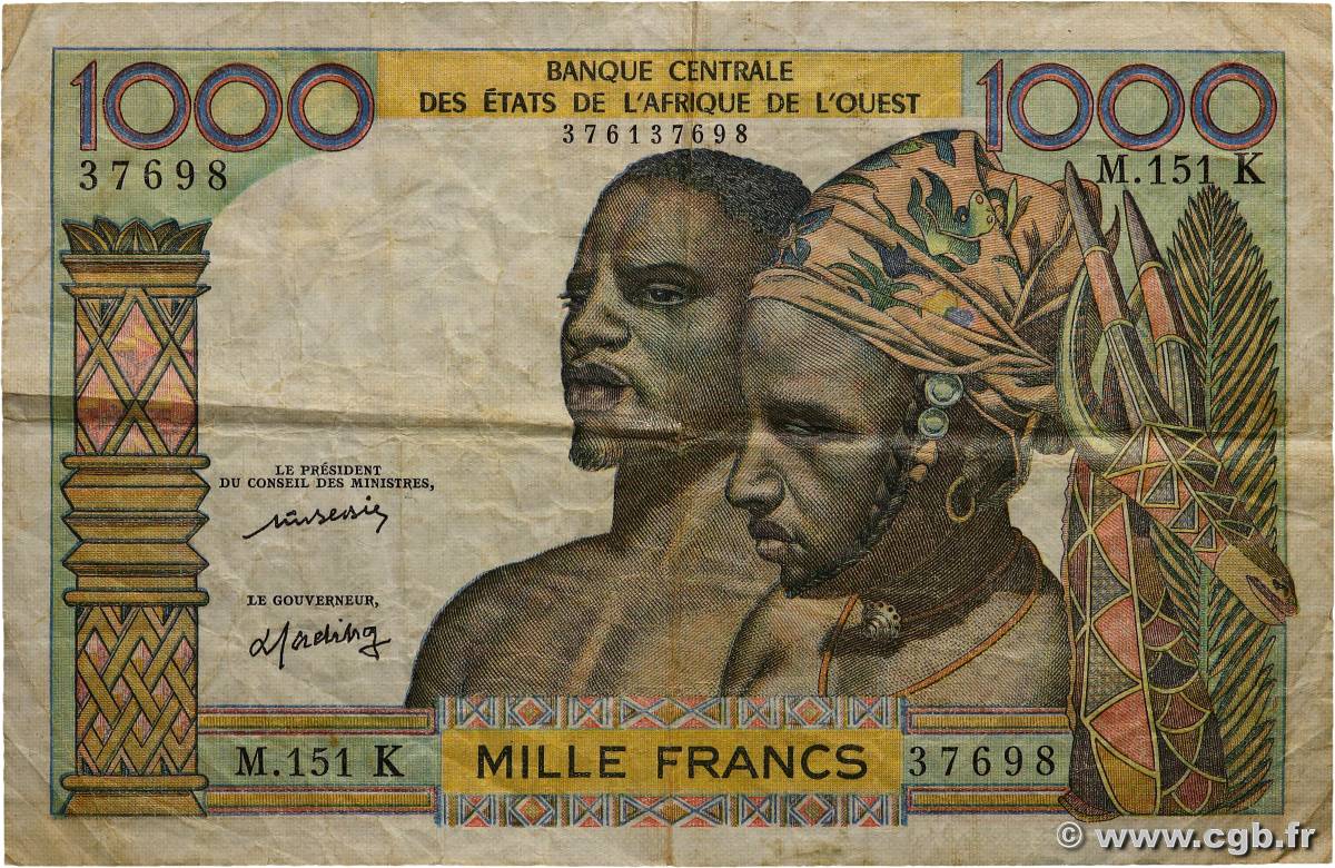 1000 Francs WEST AFRICAN STATES  1977 P.703Km F