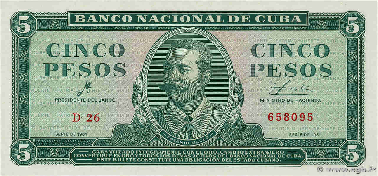 5 Pesos CUBA  1961 P.095a UNC