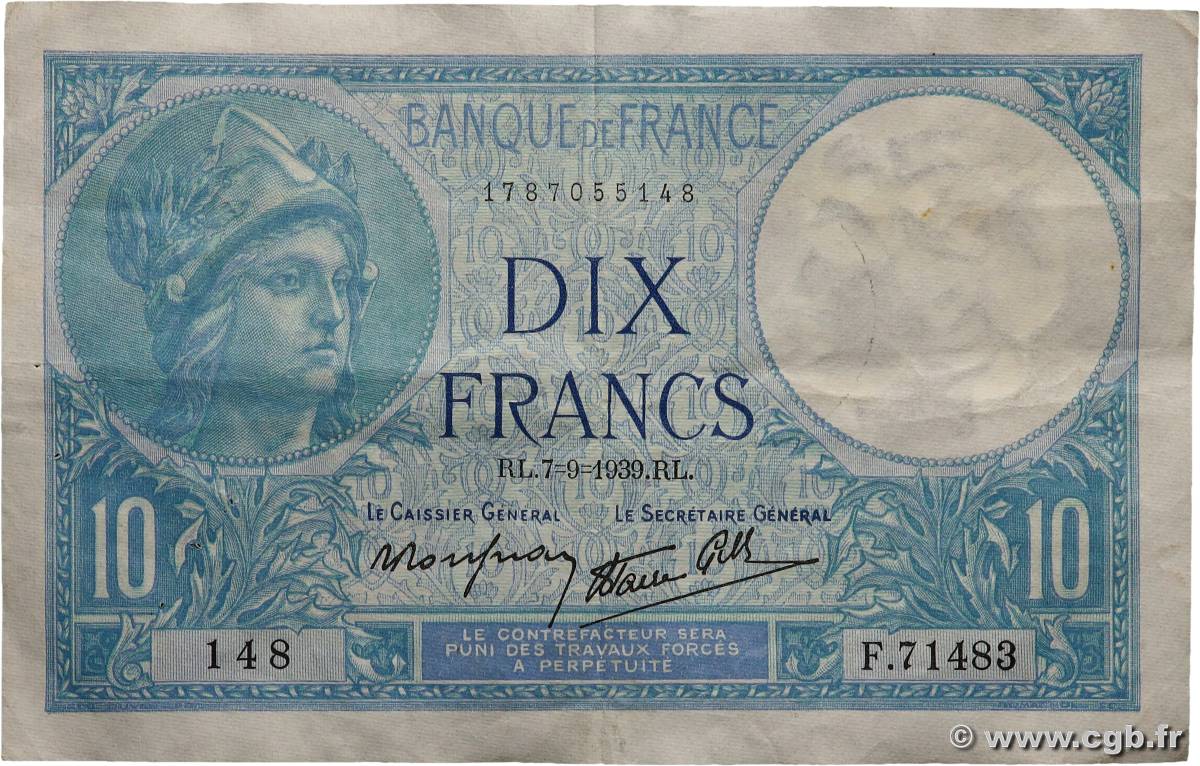 10 Francs MINERVE modifié FRANCE  1939 F.07.06 VF