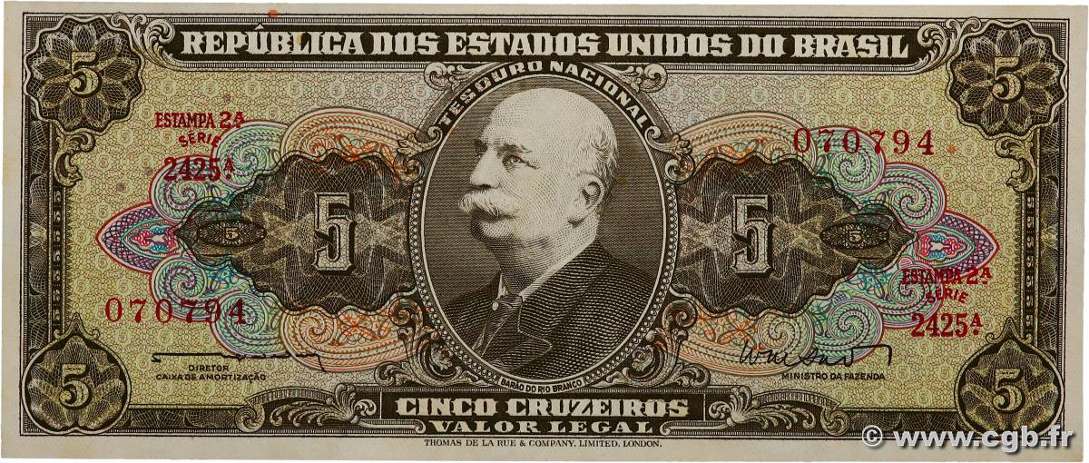 5 Cruzeiros BRAZIL  1962 P.176a UNC