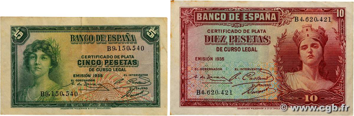5 et 10 Pesetas Lot ESPAGNE  1935 P.085a et P.086a TTB