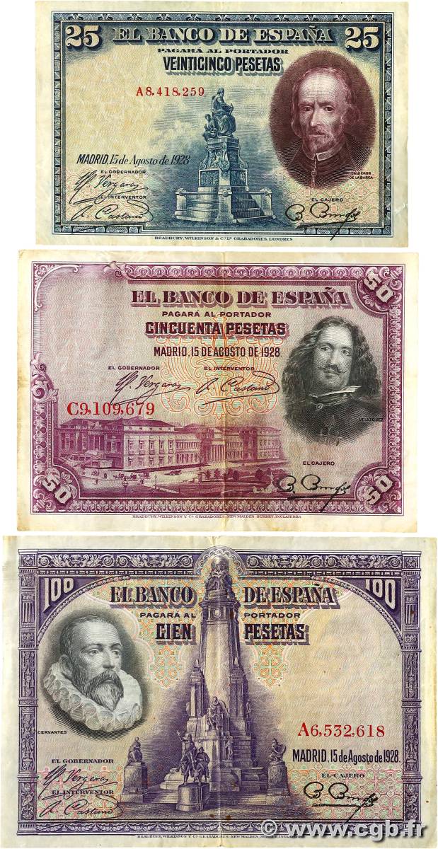 25, 50 et 100 Pesetas Lot SPAIN  1928 P.074b, P.075b et P.076a F+