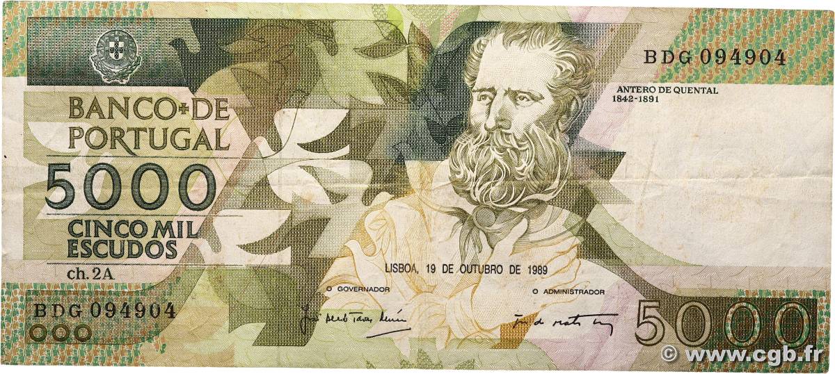 5000 Escudos PORTUGAL  1989 P.184c TB+