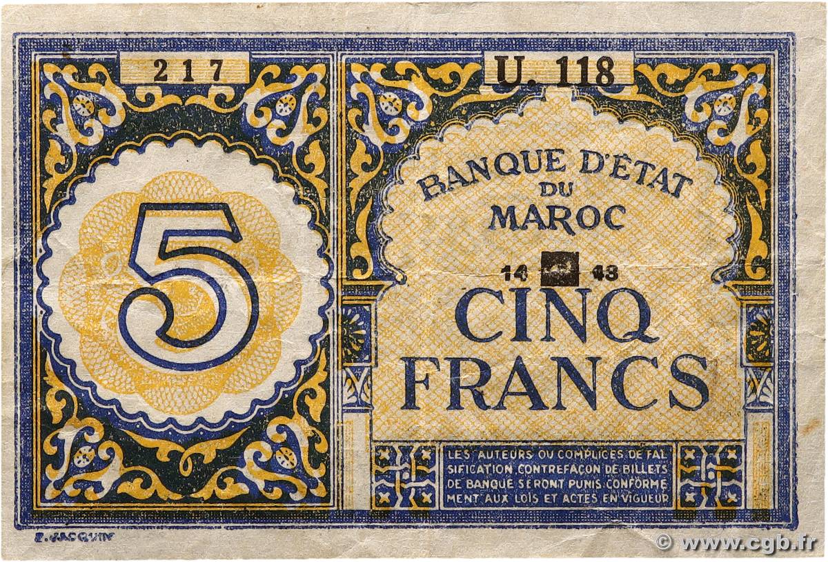 5 Francs MAROC  1943 P.33 TB