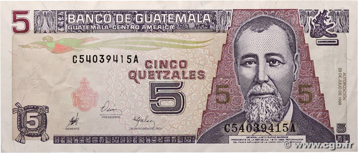 5 Quetzales GUATEMALA  1998 P.100 TTB+