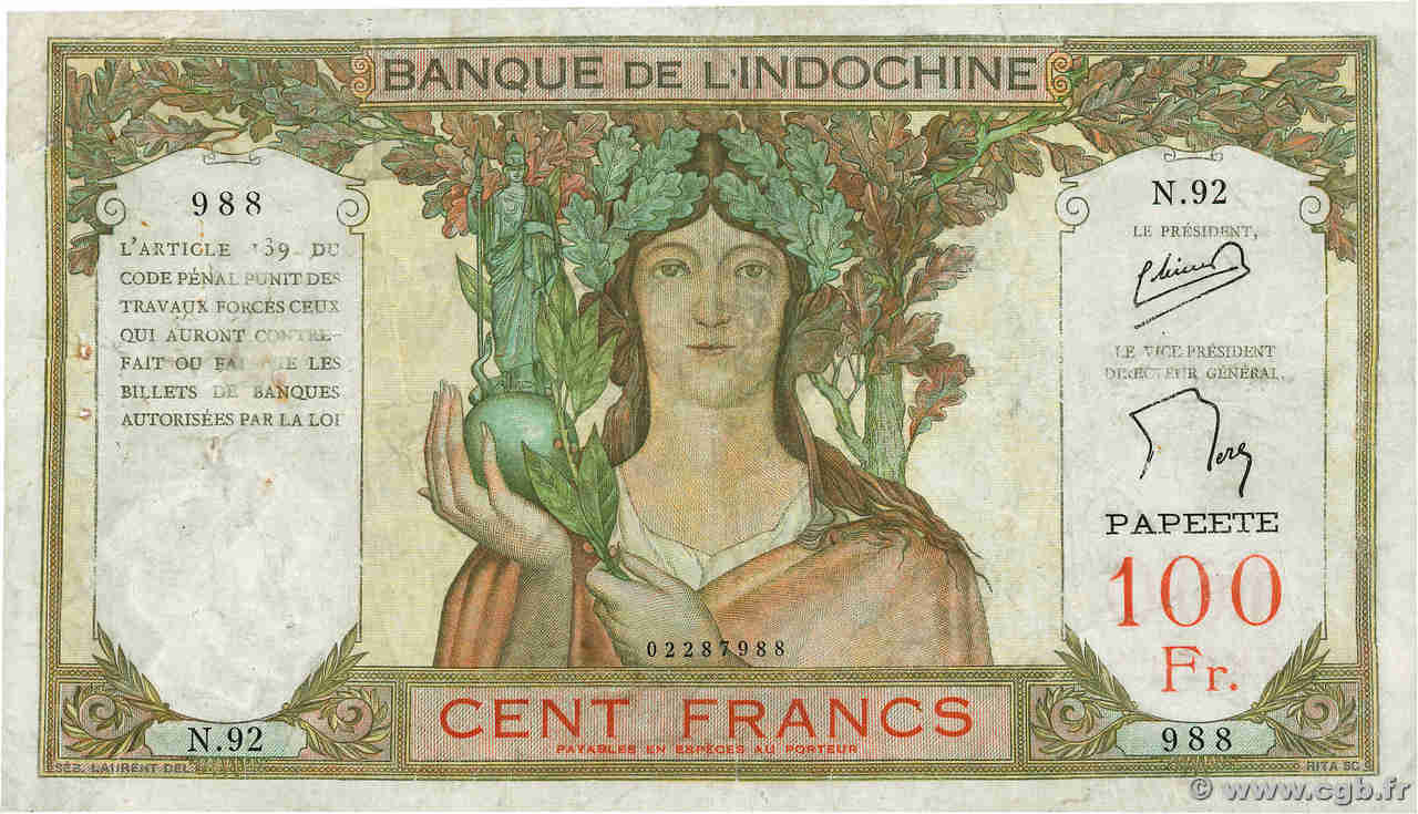 100 Francs TAHITI  1956 P.14c F