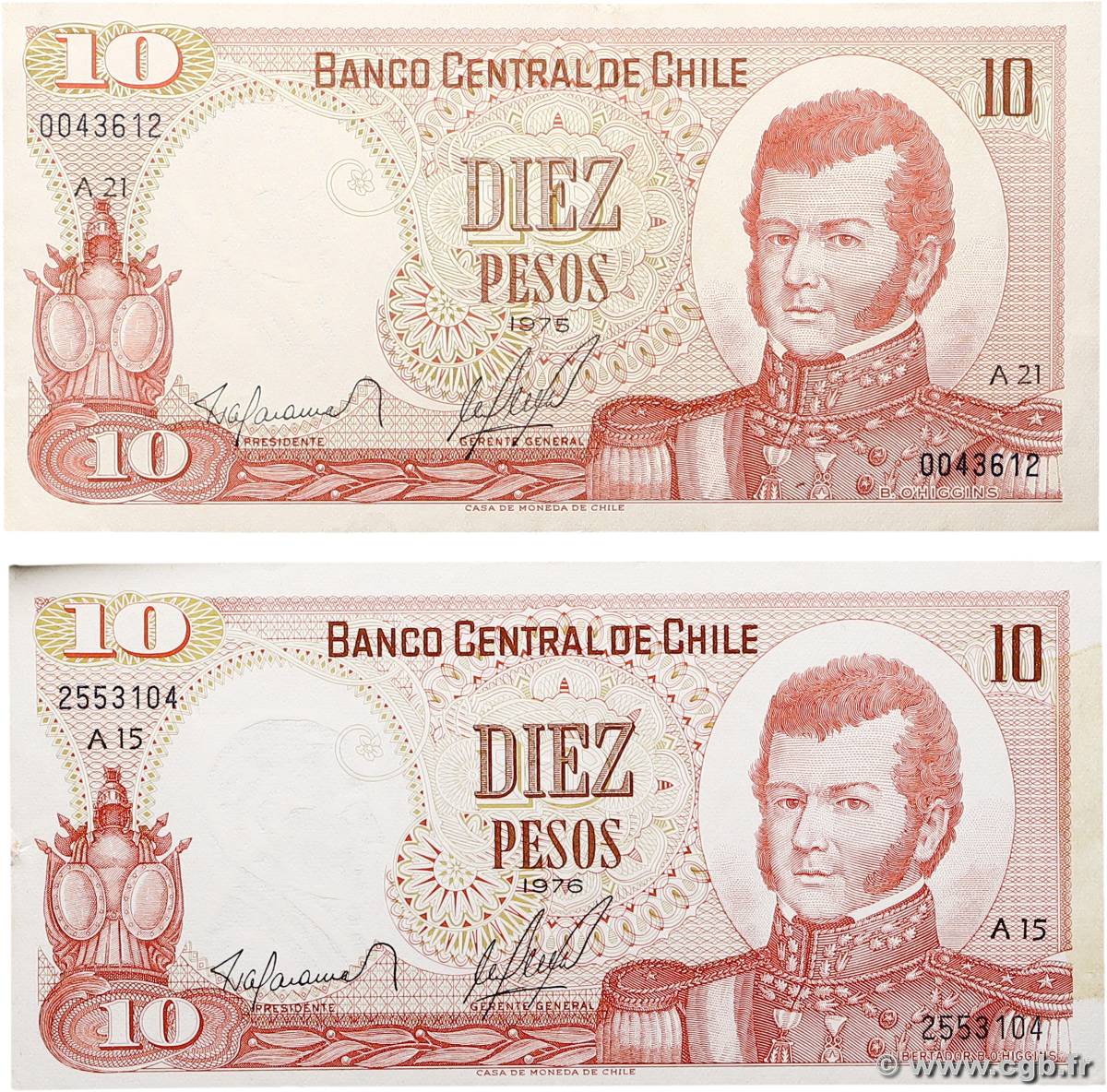 10 Pesos Lot CHILI  1976 P.150a et P.150b SUP