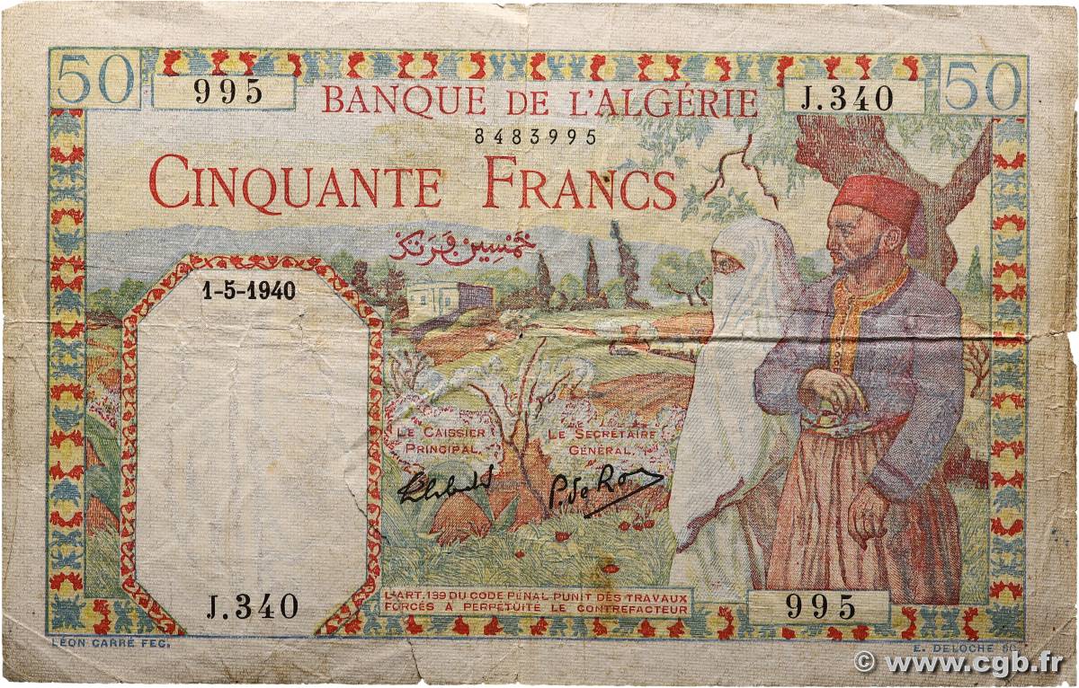 50 Francs ALGERIA  1940 P.084 VG