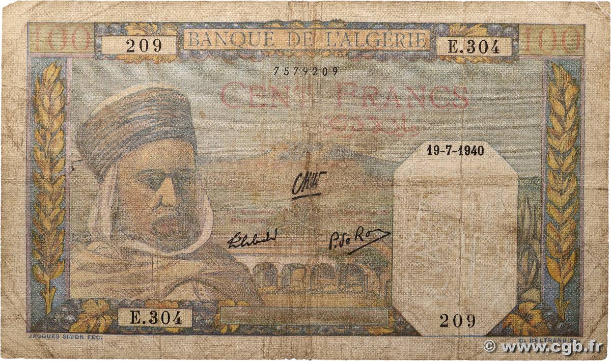 100 Francs ALGÉRIE  1940 P.085 B