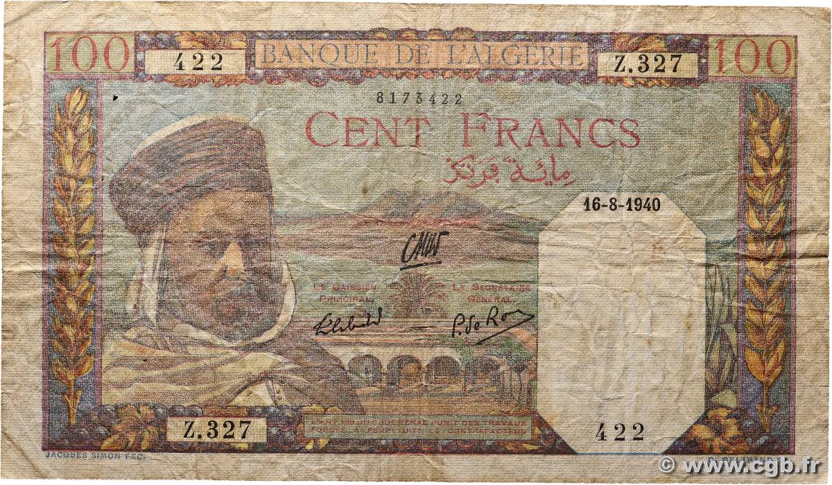 100 Francs ALGÉRIE  1940 P.085 B+