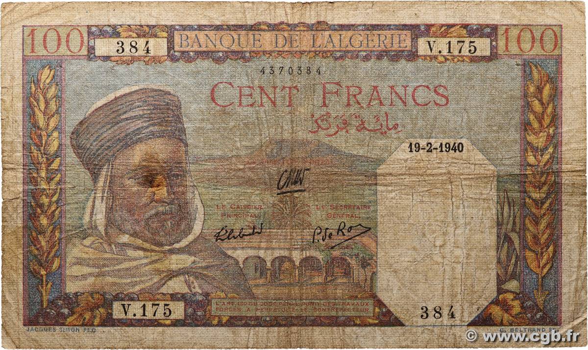 100 Francs ALGERIA  1940 P.085 G