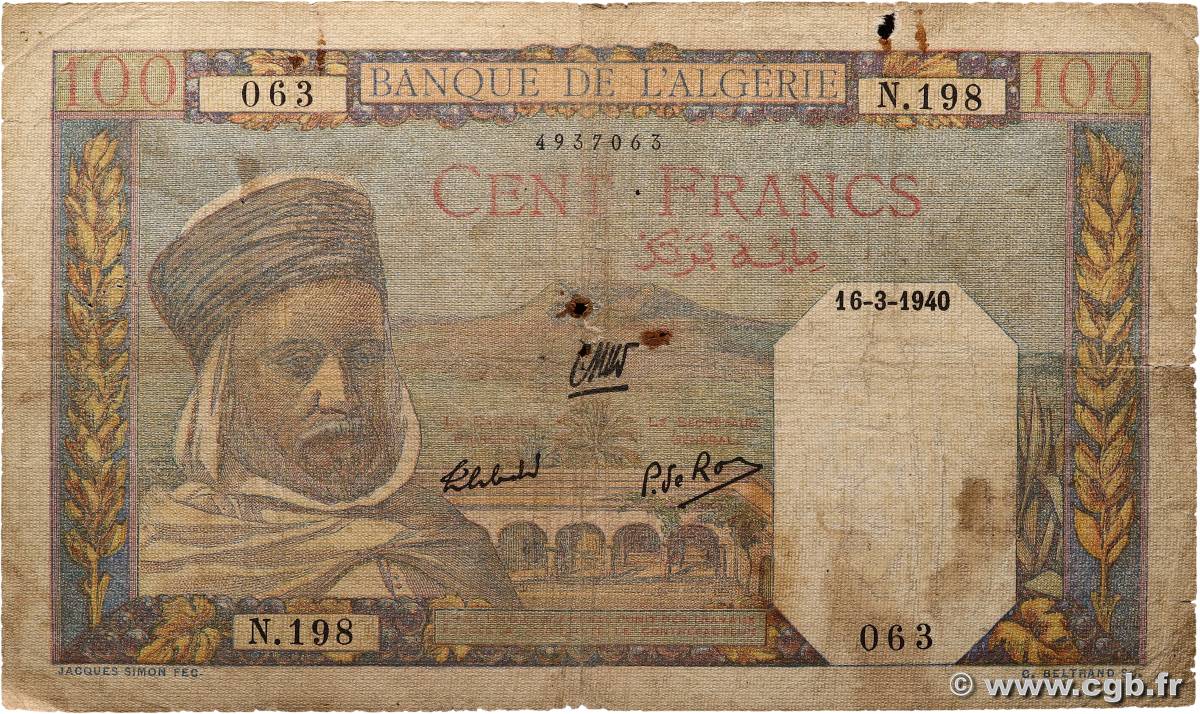 100 Francs ALGÉRIE  1940 P.085 B