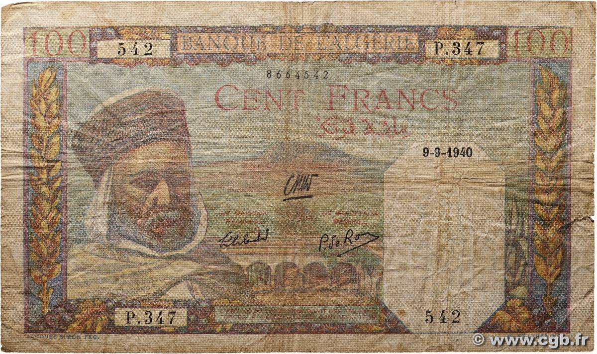 100 Francs ALGÉRIE  1940 P.085 B