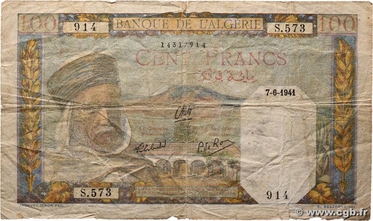 100 Francs ALGERIA  1941 P.085 G