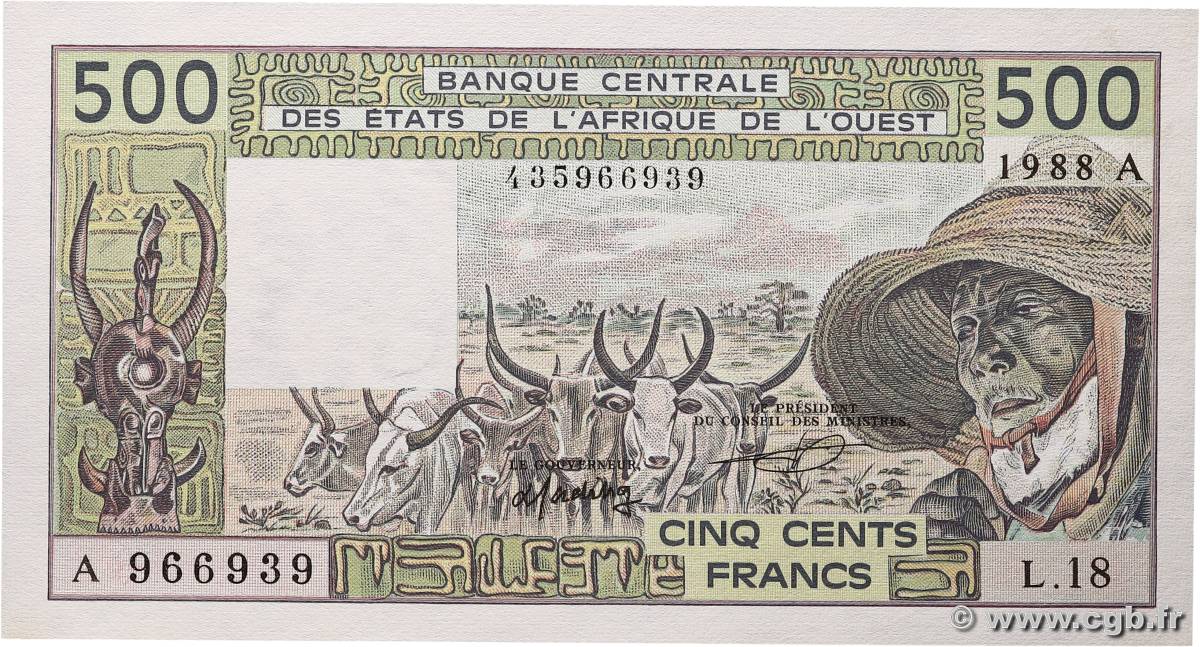 500 Francs ÉTATS DE L&nbsp;AFRIQUE DE L&nbsp;OUEST  1988 P.106Aa pr.NEUF