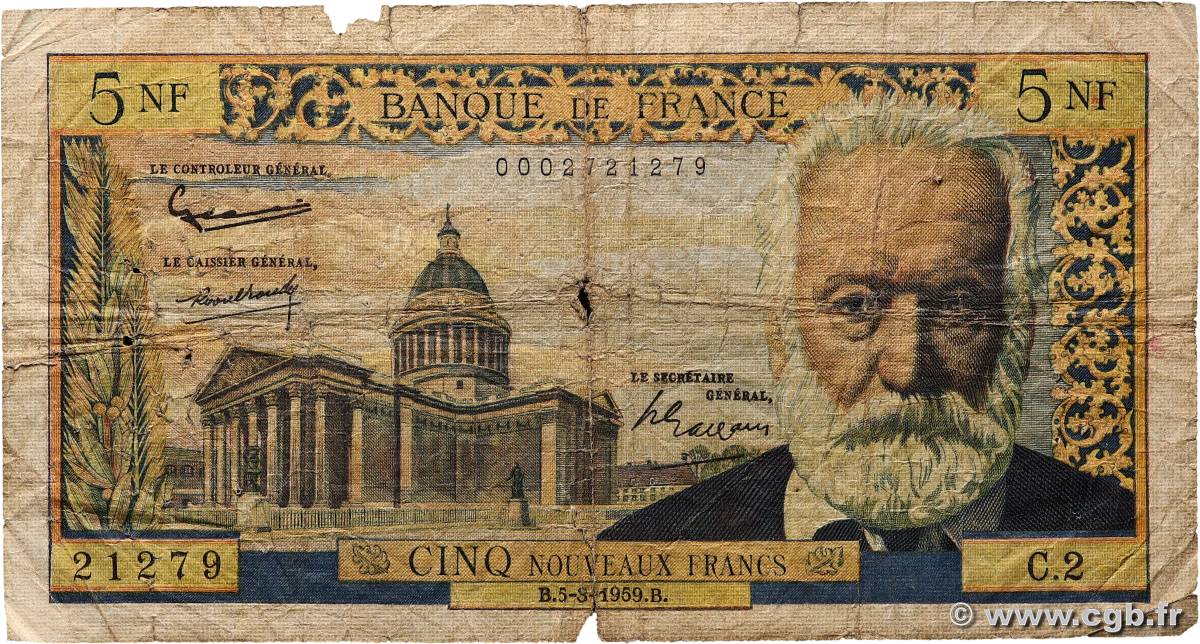 5 Nouveaux Francs VICTOR HUGO FRANCE  1959 F.56.01 P