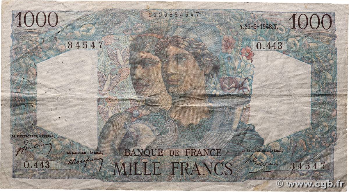 1000 Francs MINERVE ET HERCULE FRANCE  1948 F.41.21 TB