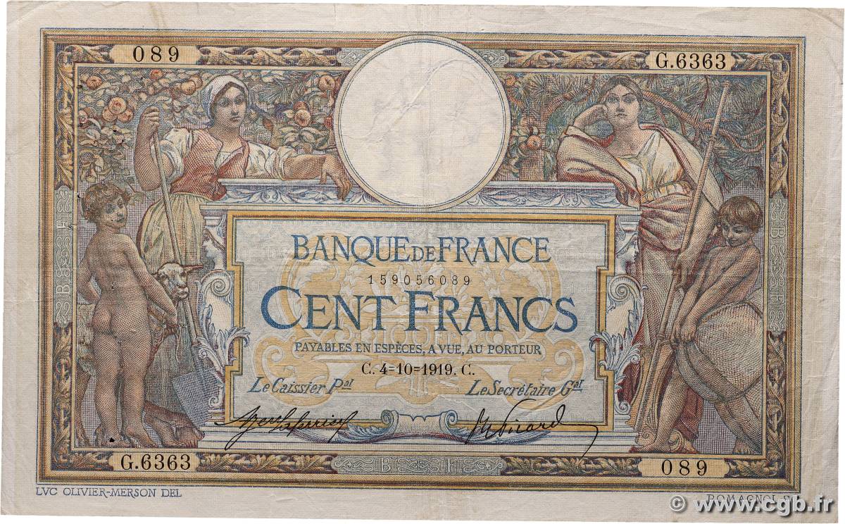 100 Francs LUC OLIVIER MERSON sans LOM FRANCE  1919 F.23.11 TB