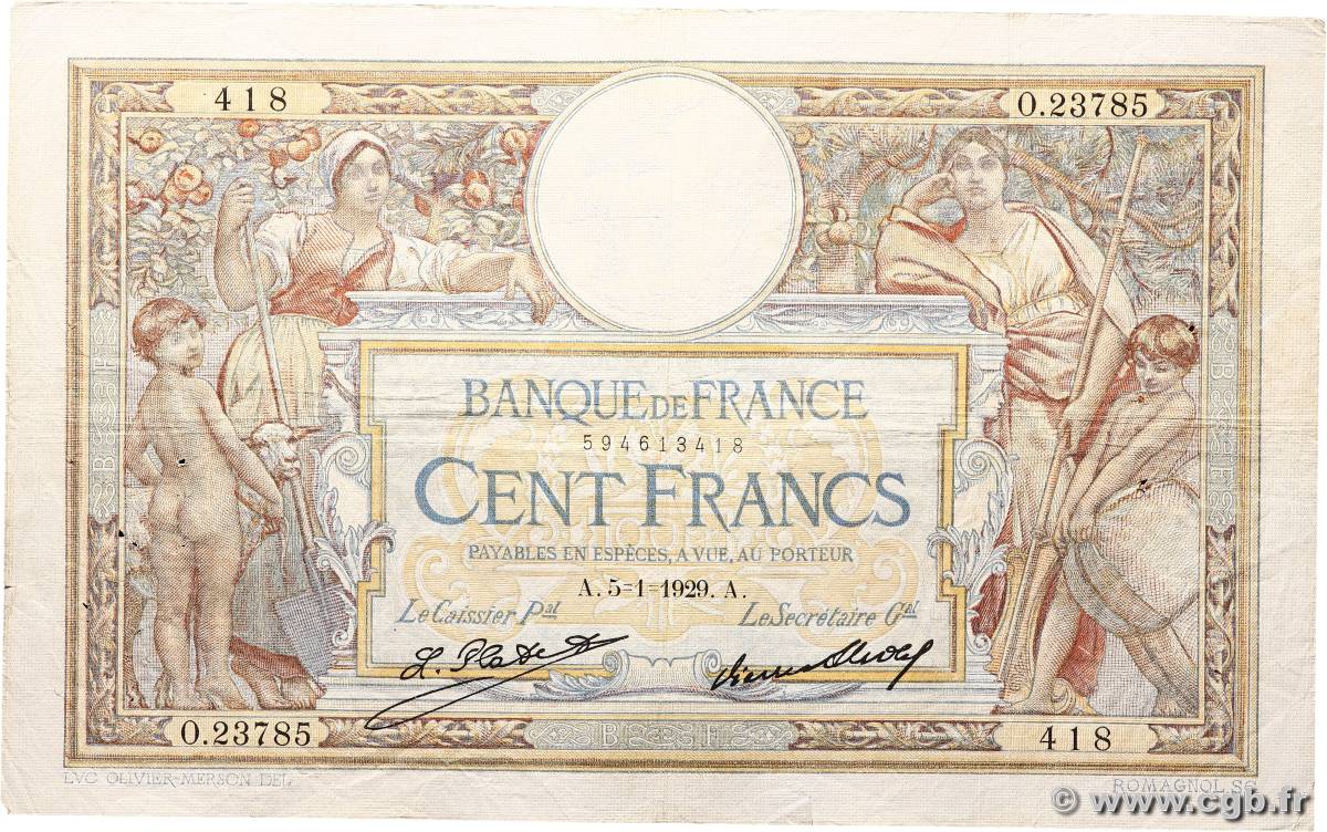 100 Francs LUC OLIVIER MERSON grands cartouches FRANCE  1929 F.24.08 TB