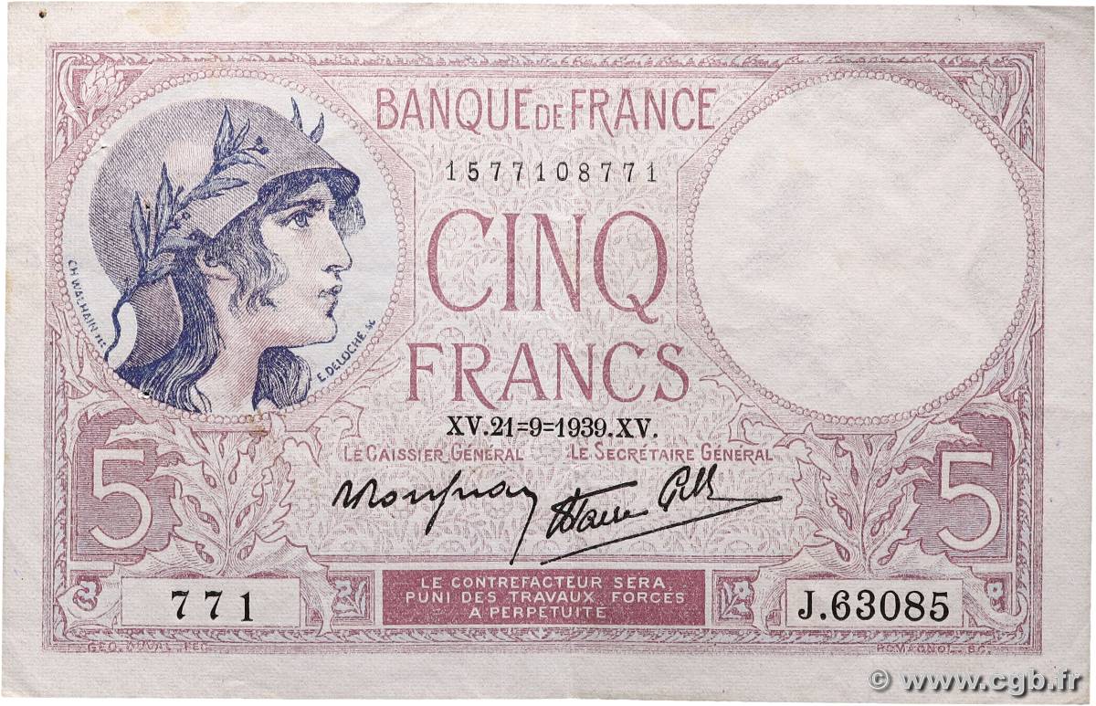 5 Francs FEMME CASQUÉE modifié FRANKREICH  1939 F.04.09 fVZ