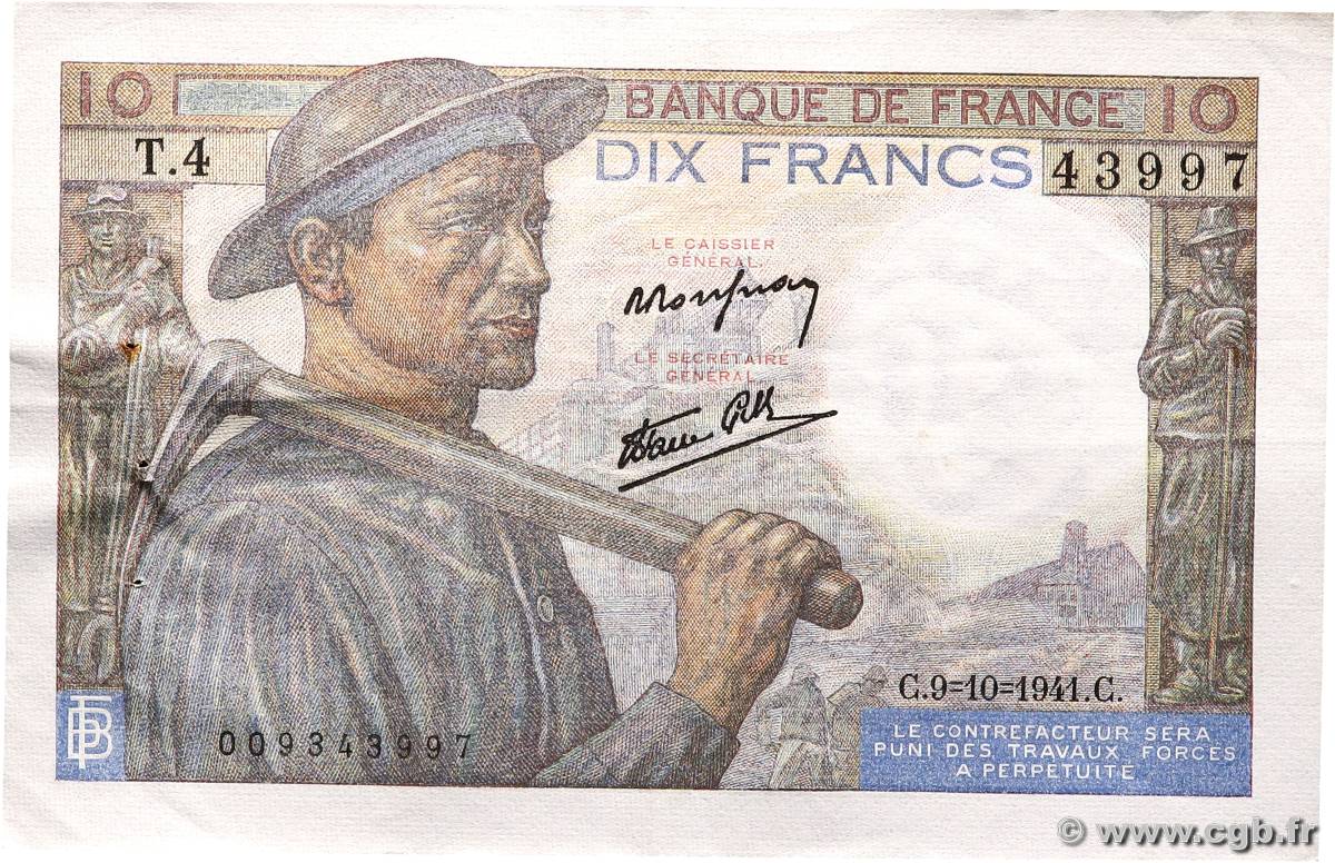 10 Francs MINEUR FRANCE  1941 F.08.02 VF+