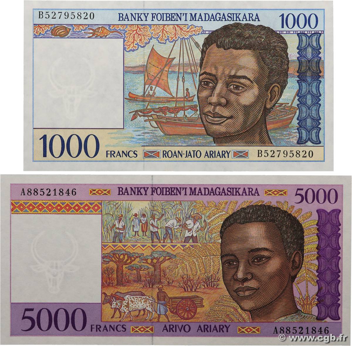 1000 Francs - 2000 Ariary et 5000 Francs - 1000 Ariary Lot MADAGASCAR  1994 P.076b et P.078b UNC-