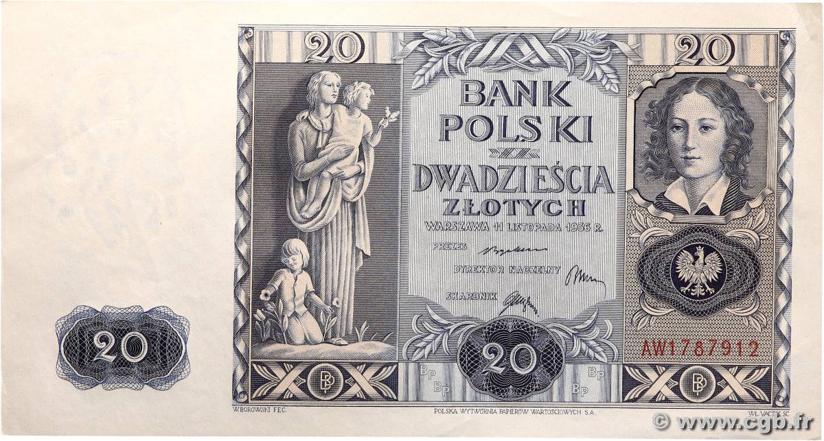20 Zlotych POLOGNE  1936 P.077 SPL+