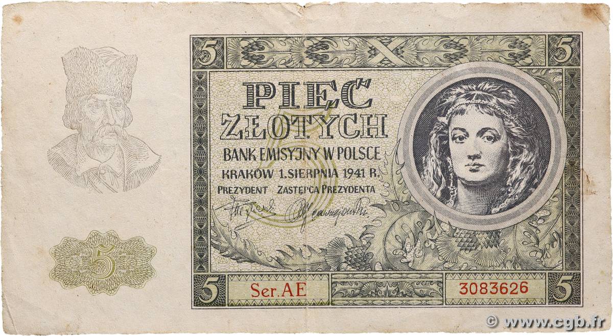 5 Zlotych POLAND  1941 P.101 F+