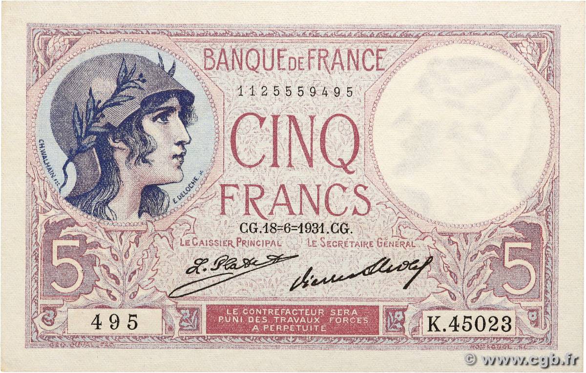 5 Francs FEMME CASQUÉE FRANCE  1931 F.03.15 XF+